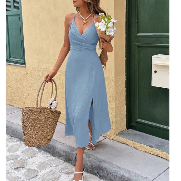 Luxe Solid Ruched Detail High Waisted Cami Midi Dress - Picture 1 of 5